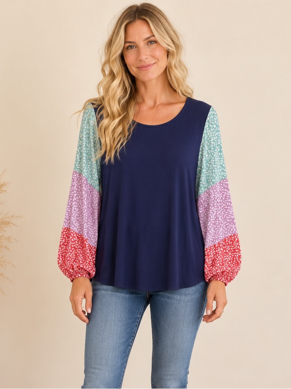 Raw Edge Boho Minimalist Navy Balloon Sleeve Blouse with Printed Panels